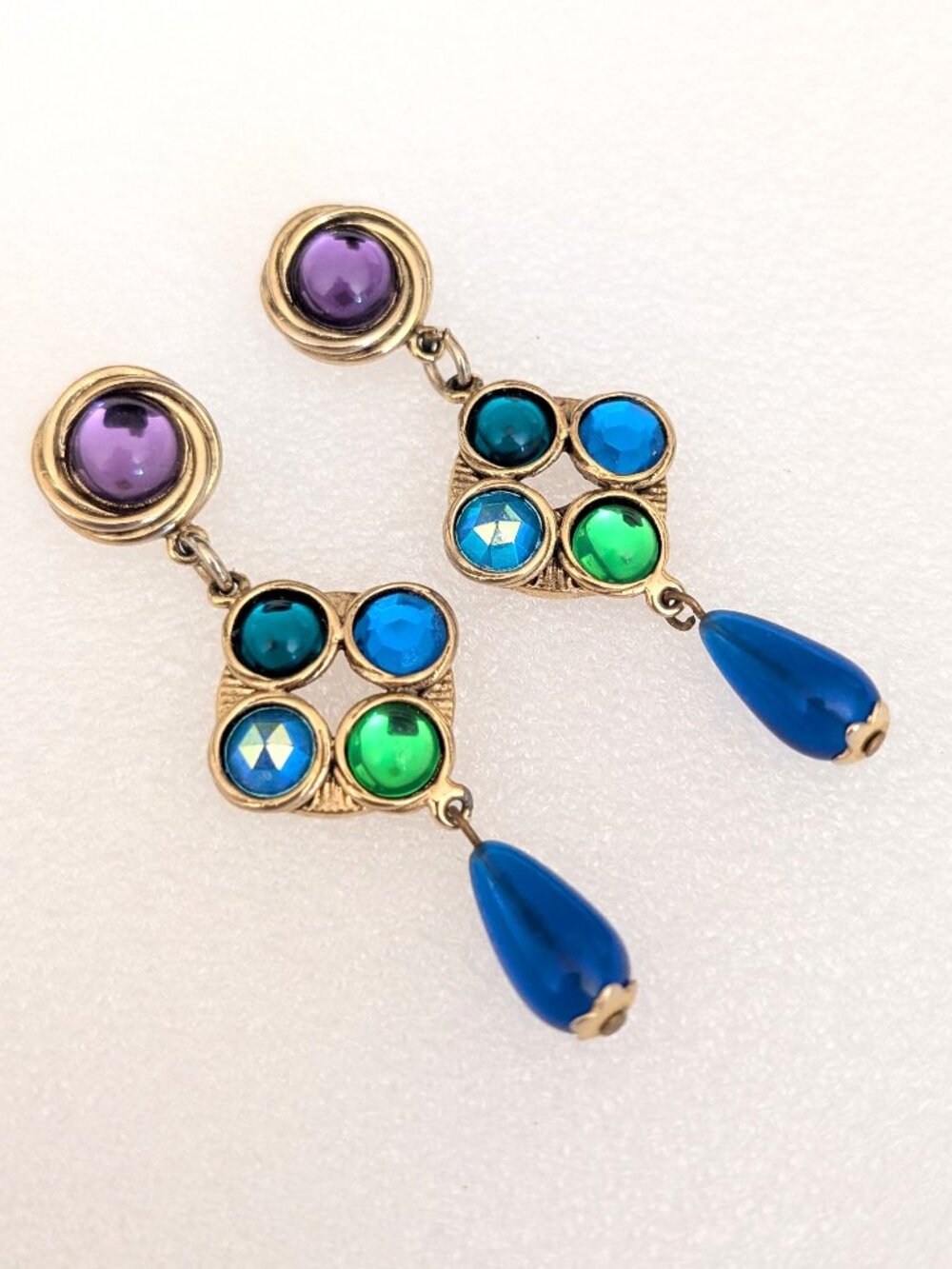 Gold, blue, green and purple dangle statement earrings